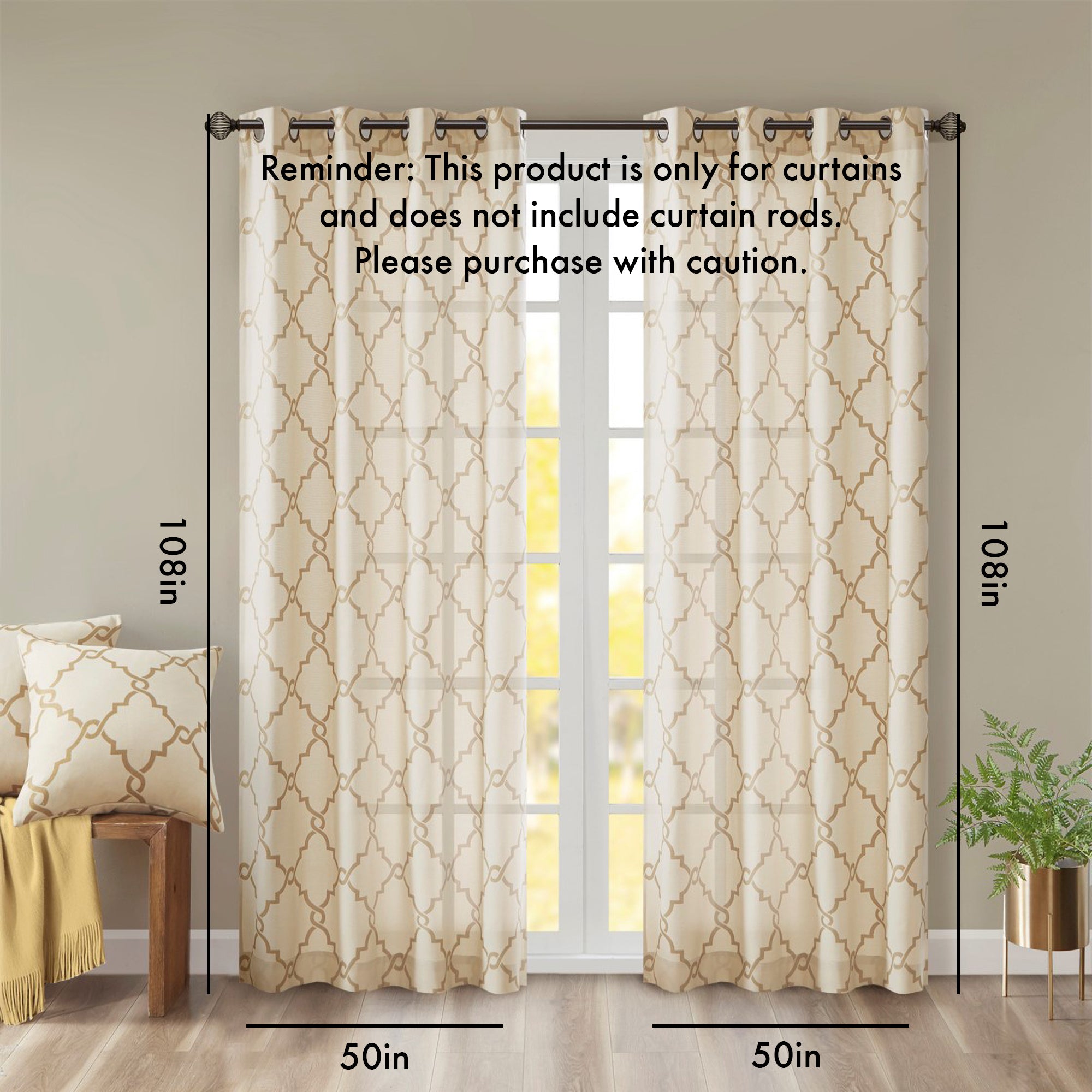 Fretwork Print Grommet Top Window Curtain Panel(Only 1 Pc Panel Beige+Gold)