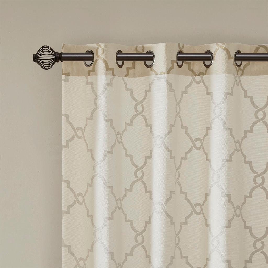 Fretwork Print Grommet Top Window Curtain Panel(Only 1 Pc Panel Beige+Gold)