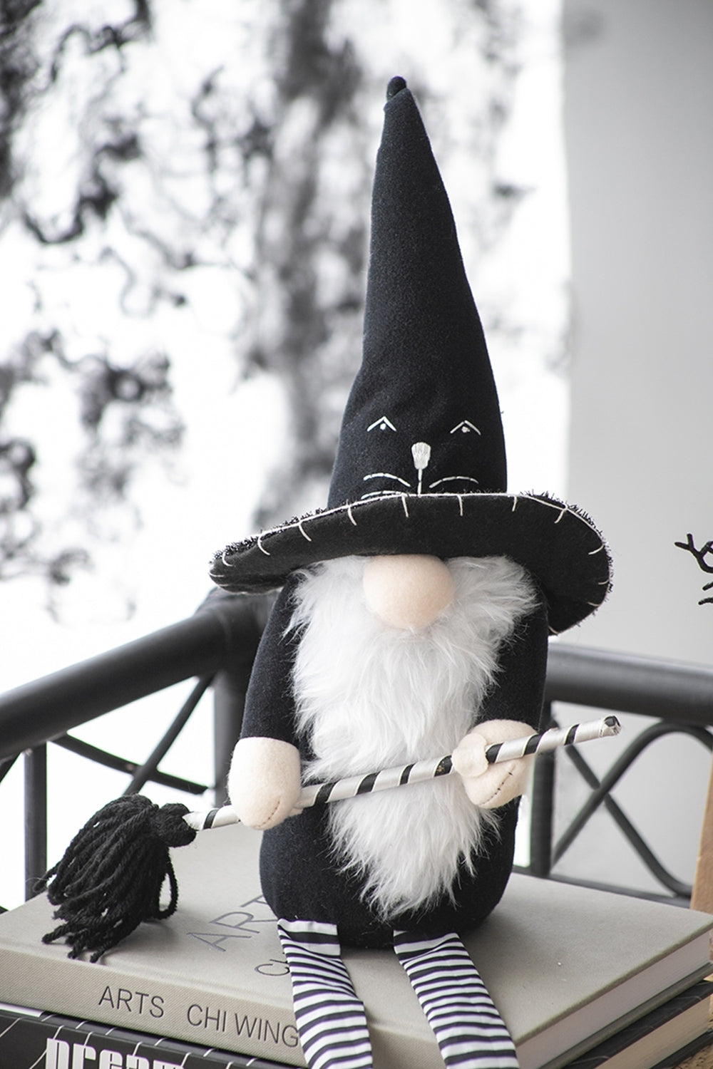 Fabric Sitting Black Gnome With Broomstick&Long Legs, for Halloween Decor