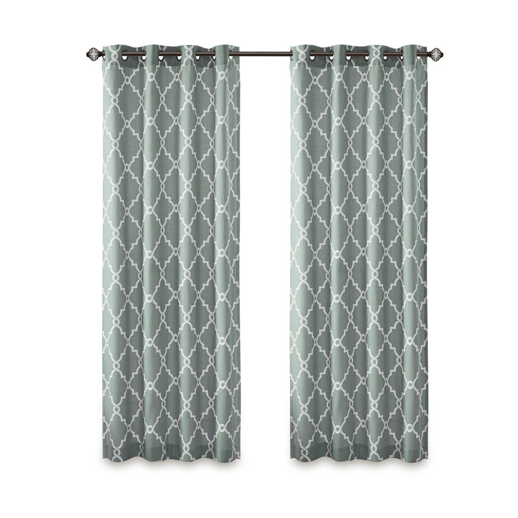 95"Fretwork Print Grommet Top Window Curtain Panel(Only 1 Pc Panel Seafoam+White)