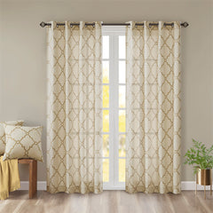 Fretwork Print Grommet Top Window Curtain Panel(Only 1 Pc Panel Beige+Gold)