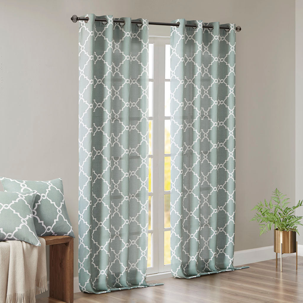 95"Fretwork Print Grommet Top Window Curtain Panel(Only 1 Pc Panel Seafoam+White)