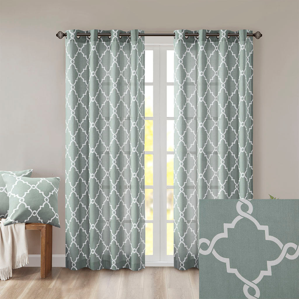 95"Fretwork Print Grommet Top Window Curtain Panel(Only 1 Pc Panel Seafoam+White)