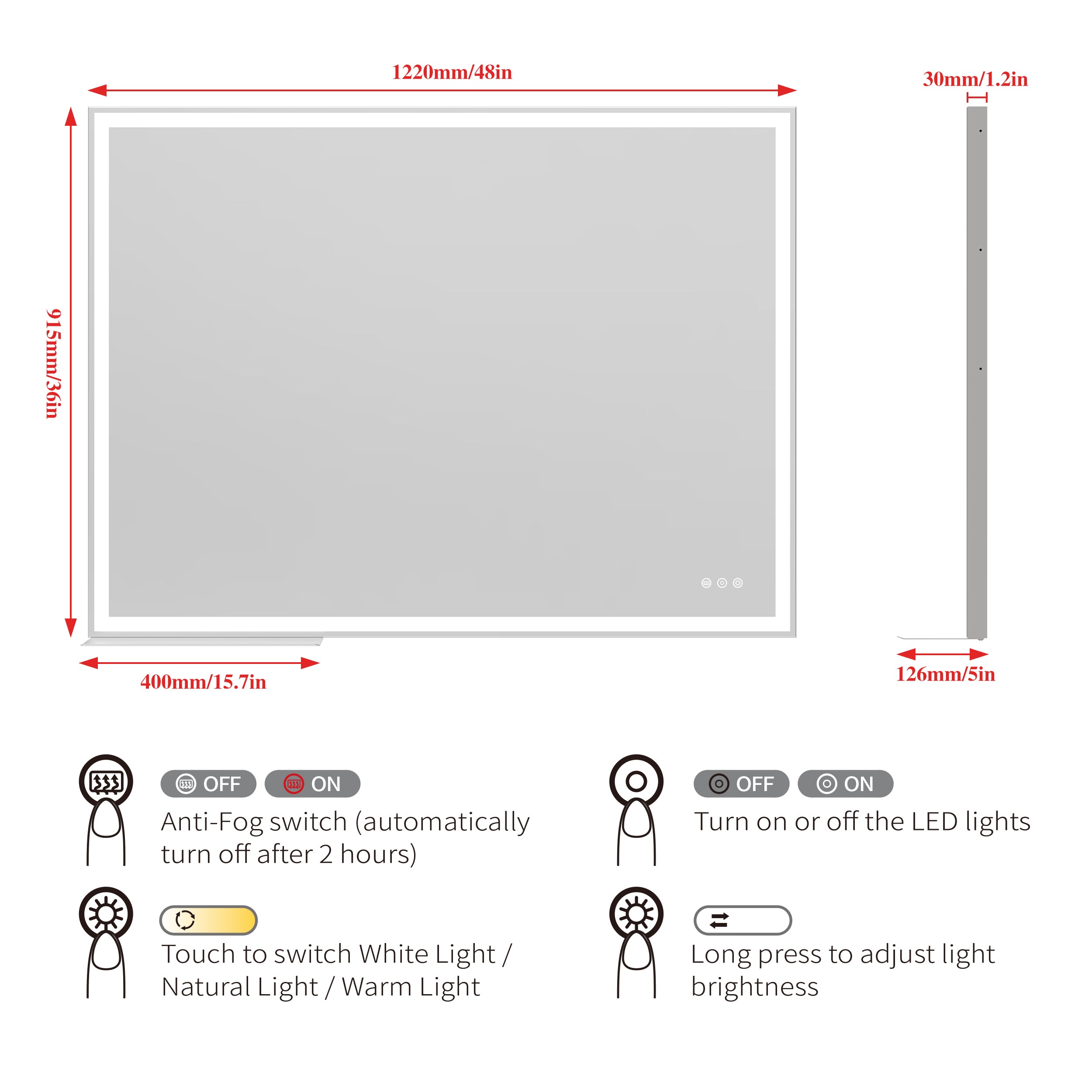 48x36 inch LED Bathroom Vanity Mirror Wall Mounted