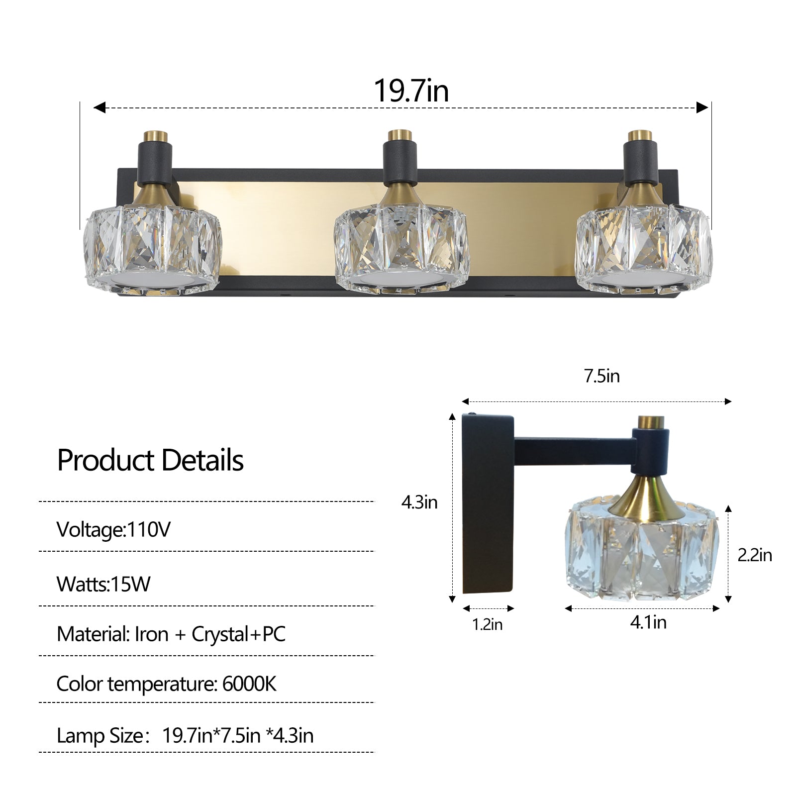 LED 3-Light Modern Crystal Bathroom Vanity Light Over Mirror