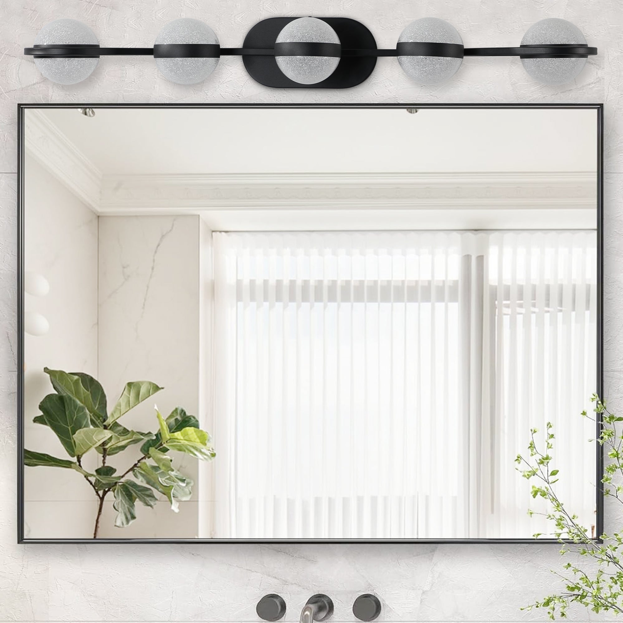 Modern Minimalist Bathroom Vanity Light, LED 5 Bulb Frosted Glass Shades(Black)