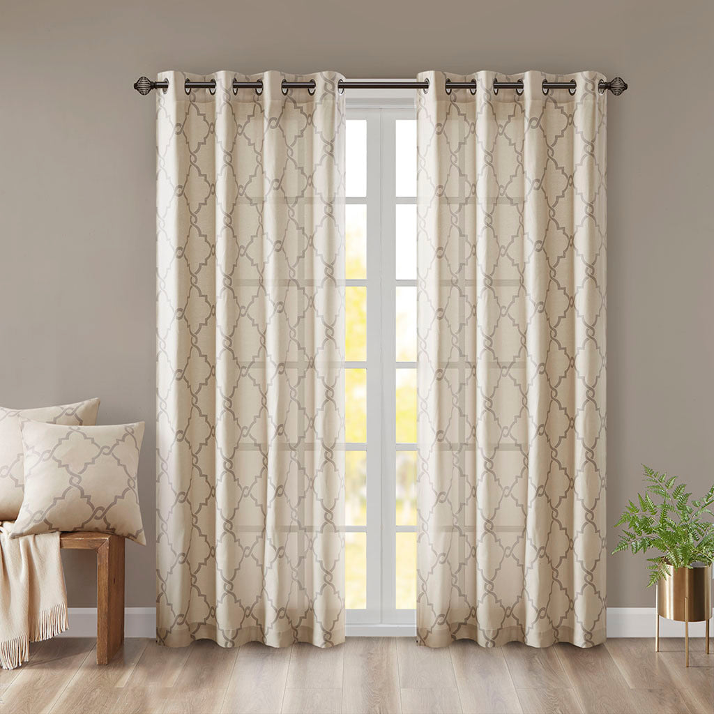 Fretwork Print Grommet Top Window Curtain Panel(Only 1 Pc Panel Beige+Grey)