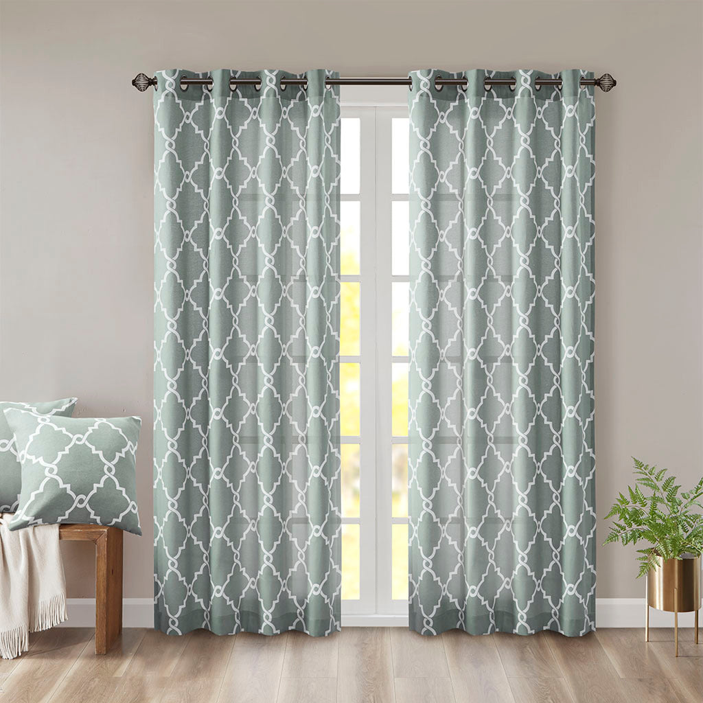 95"Fretwork Print Grommet Top Window Curtain Panel(Only 1 Pc Panel Seafoam+White)