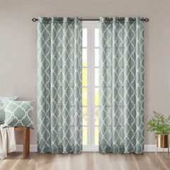 95"Fretwork Print Grommet Top Window Curtain Panel(Only 1 Pc Panel Seafoam+White)