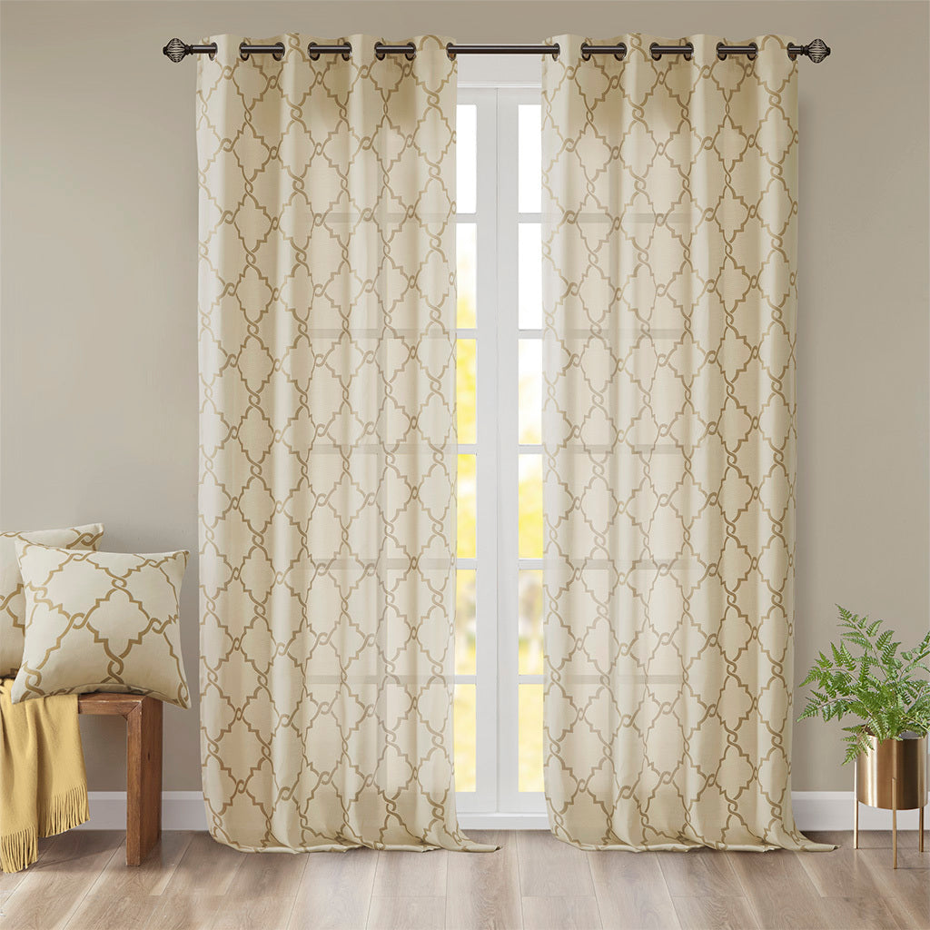 Fretwork Print Grommet Top Window Curtain Panel(Only 1 Pc Panel Beige+Gold)