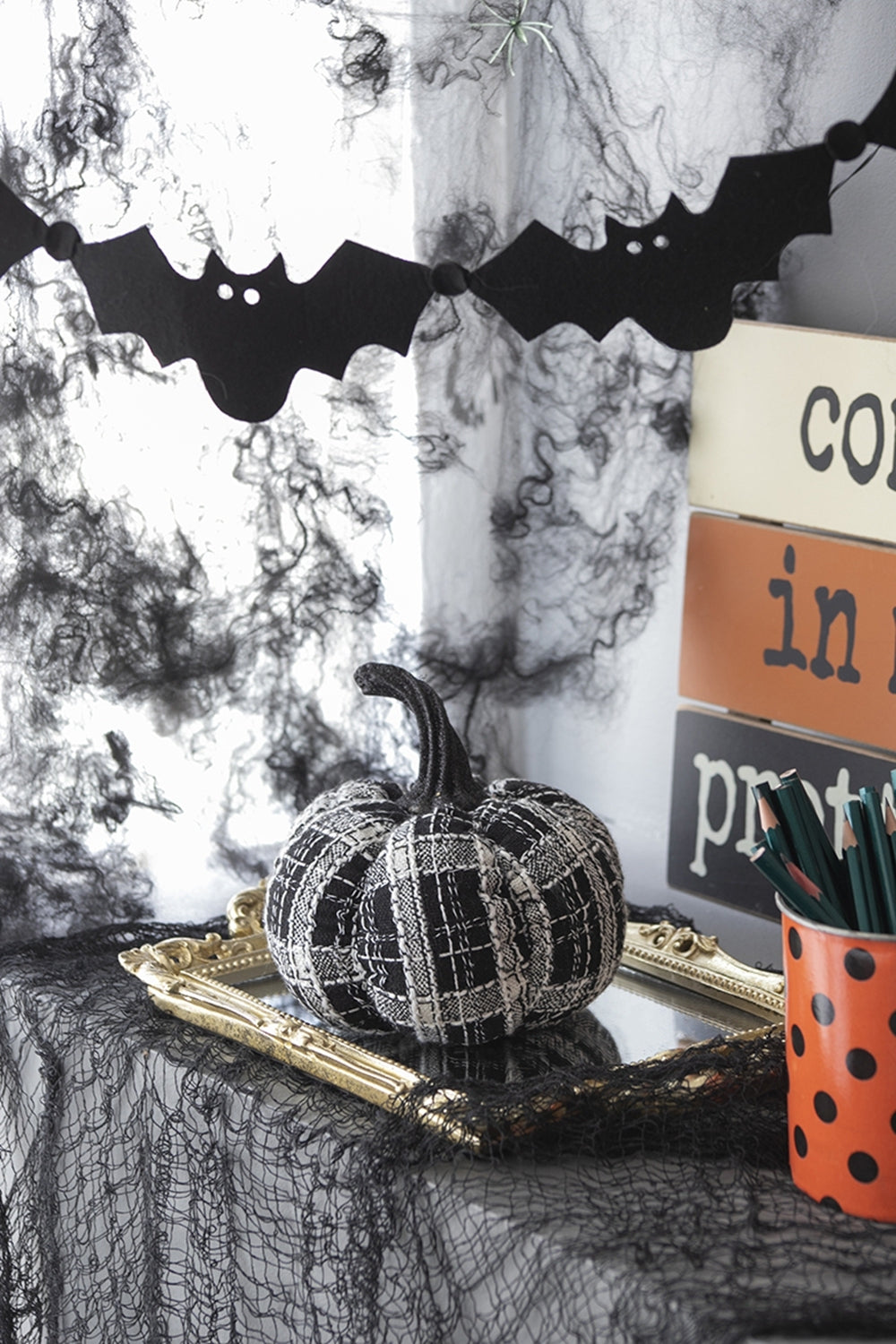 Fabric Light Black White Plaid Pumpkin, for Holiday Halloween Decor