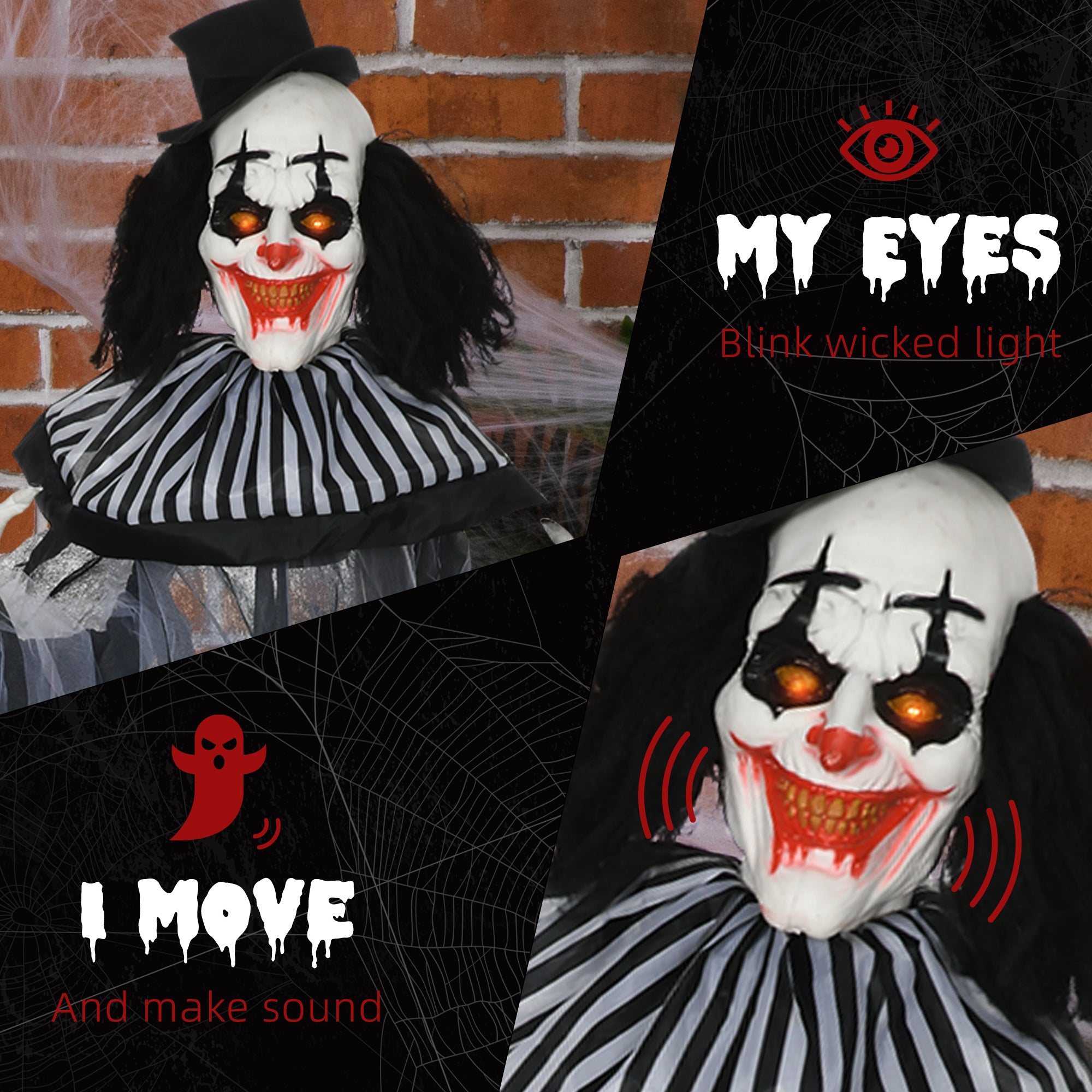 Life Size Outdoor Halloween Decoration, Classic Black and White Striped Clown Animatronic