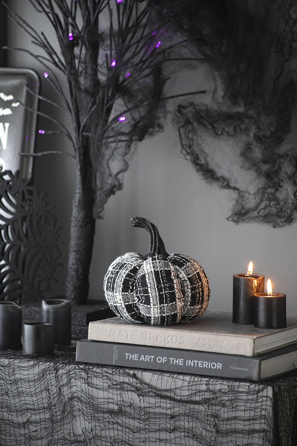 Fabric Light Black White Plaid Pumpkin, for Holiday Halloween Decor