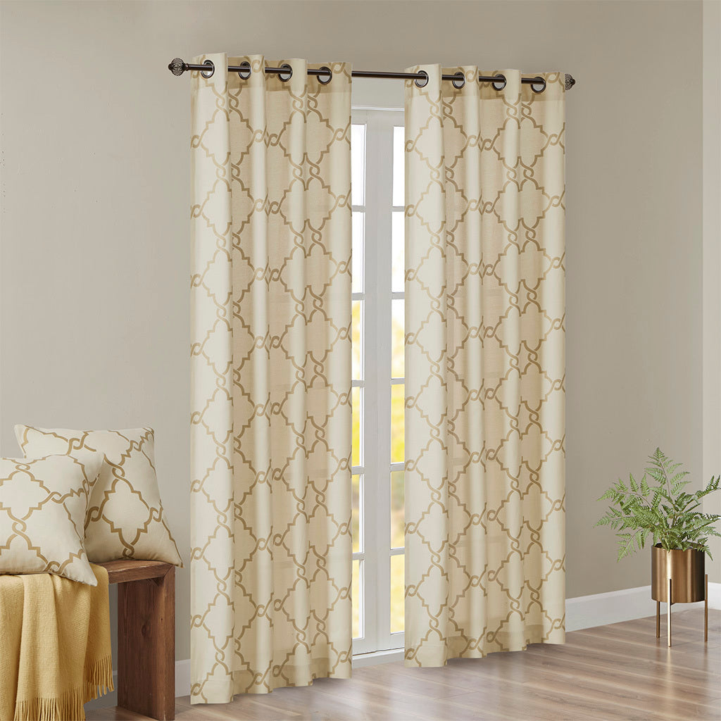 Fretwork Print Grommet Top Window Curtain Panel(Only 1 Pc Panel Beige+Gold)