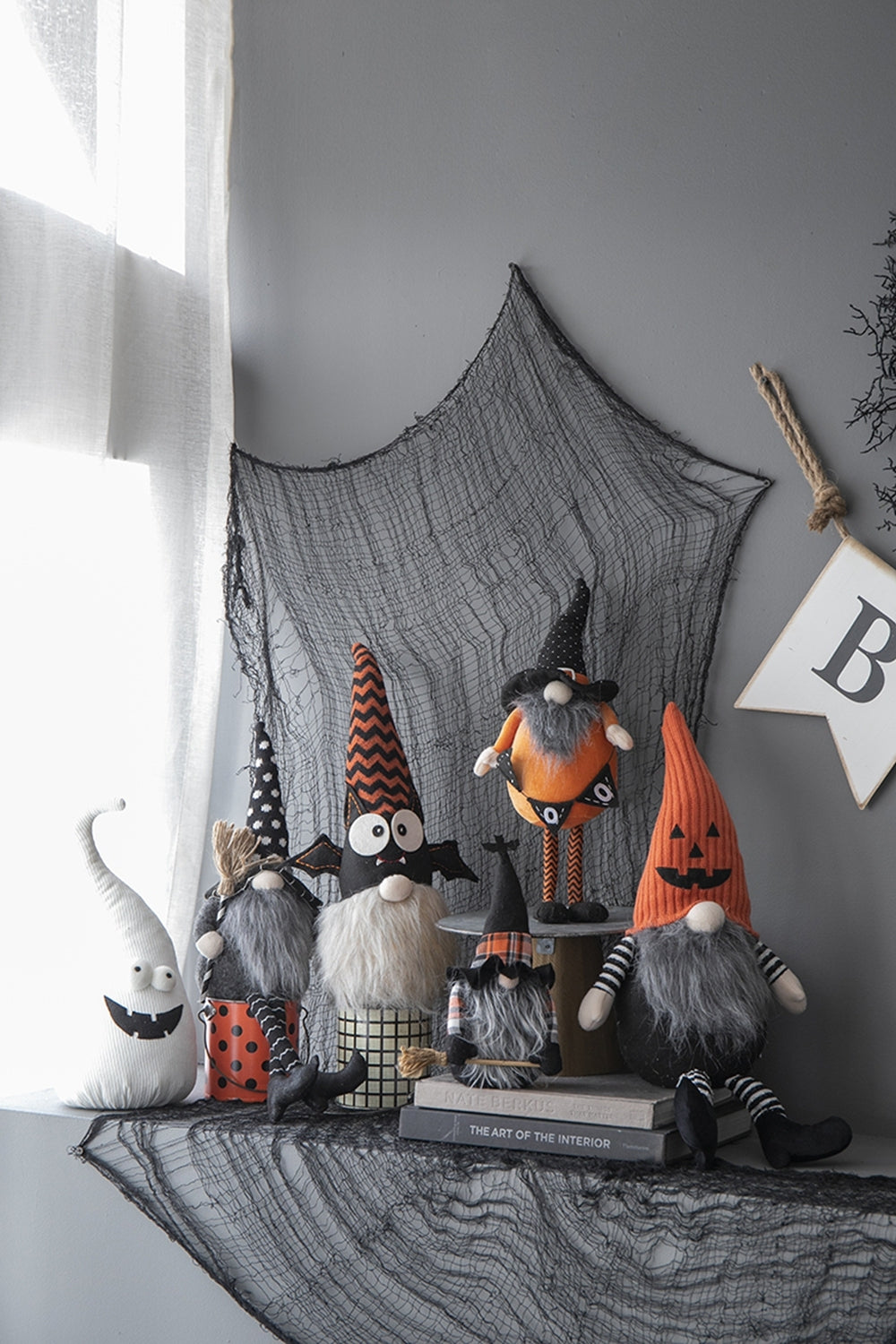 Fabric Standing Orange Gnome W/Black Gnome & Holding Banner, for Halloween Decor