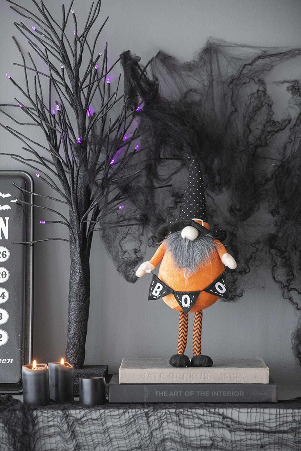 Fabric Standing Orange Gnome W/Black Gnome & Holding Banner, for Halloween Decor