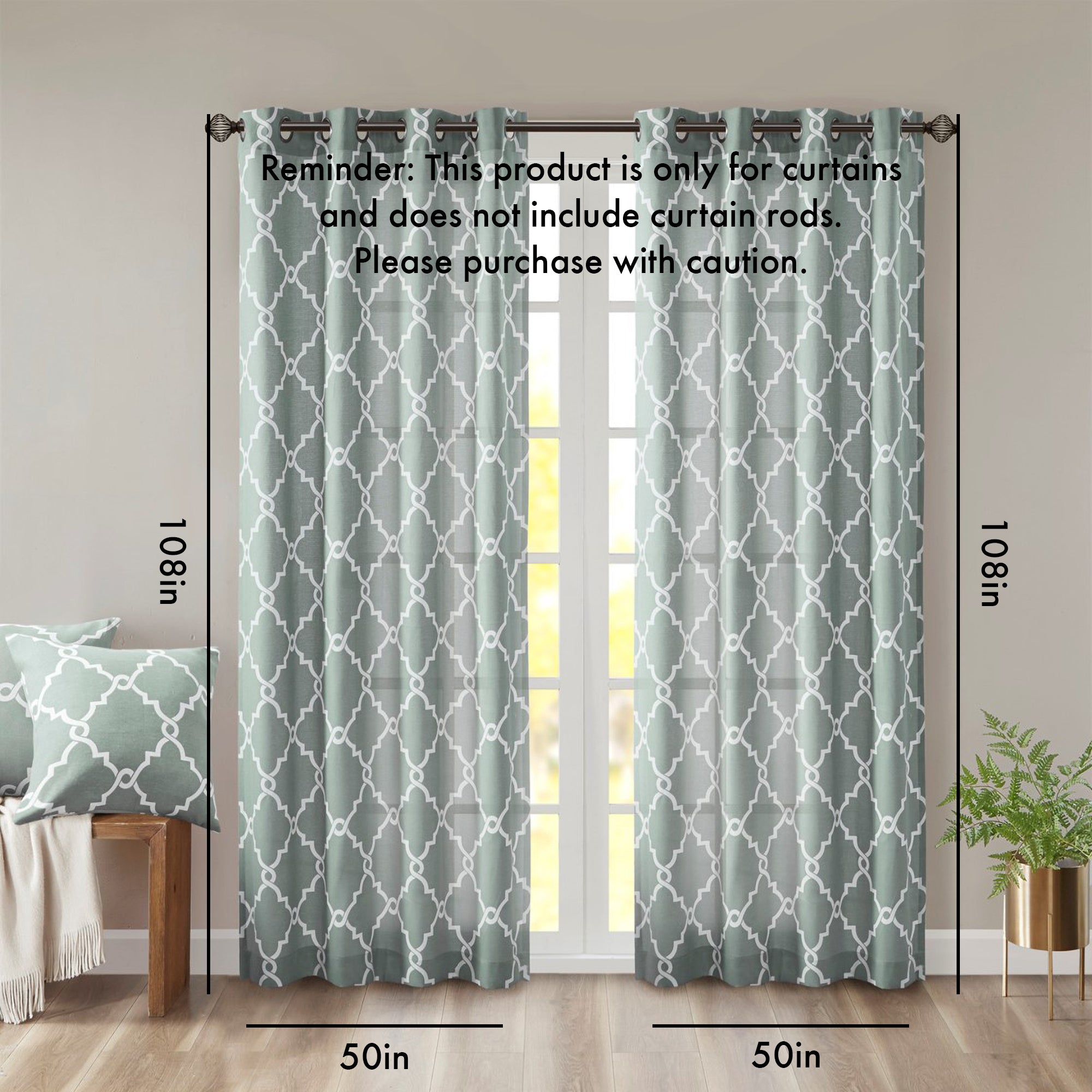 Fretwork Print Grommet Top Window Curtain Panel(Only 1 Pc Panel Seafoam+White)