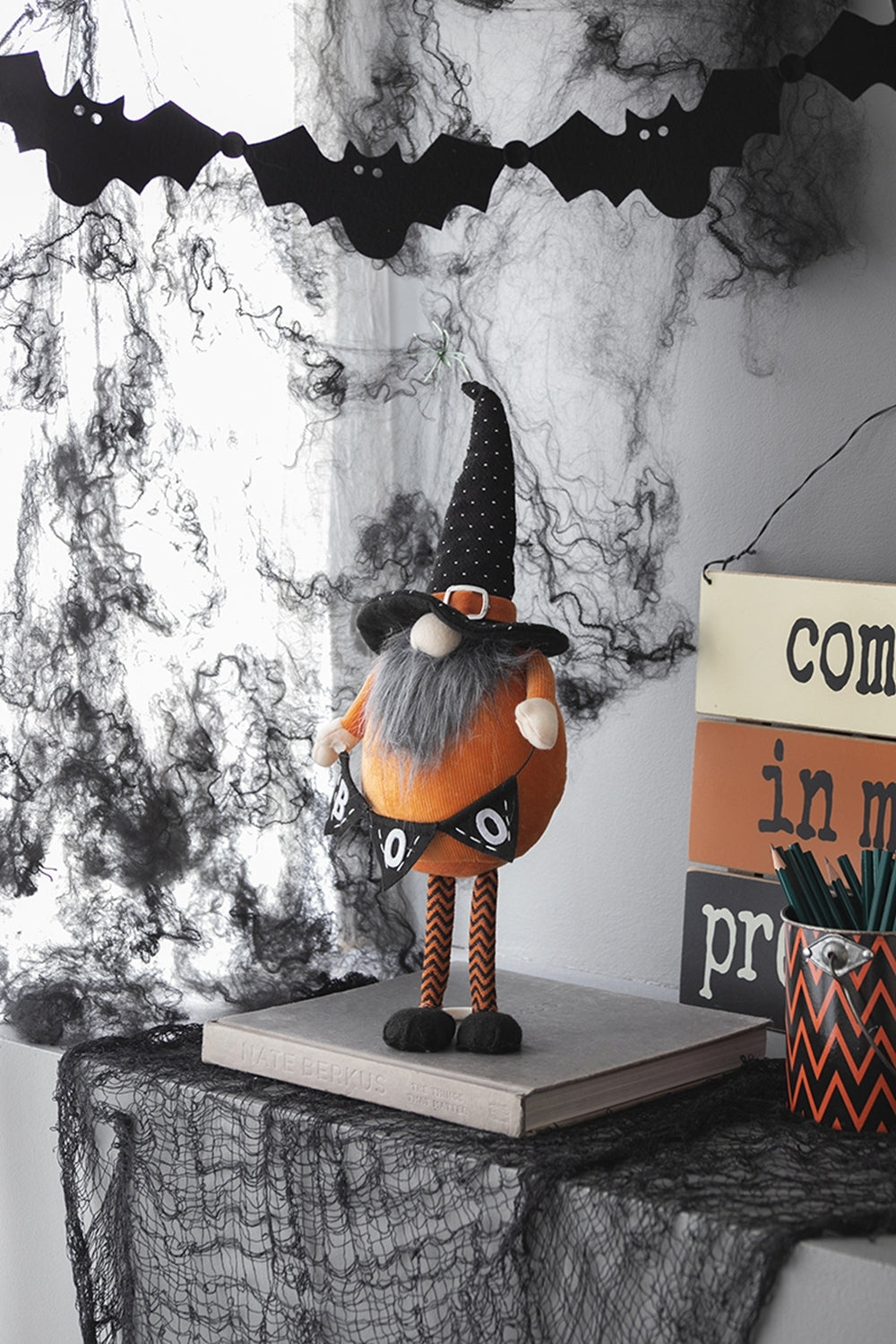 Fabric Standing Orange Gnome W/Black Gnome & Holding Banner, for Halloween Decor