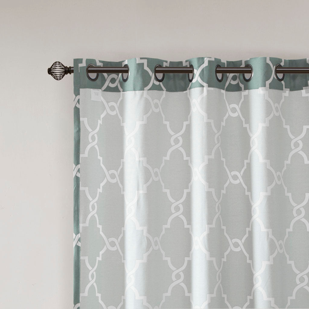 95"Fretwork Print Grommet Top Window Curtain Panel(Only 1 Pc Panel Seafoam+White)