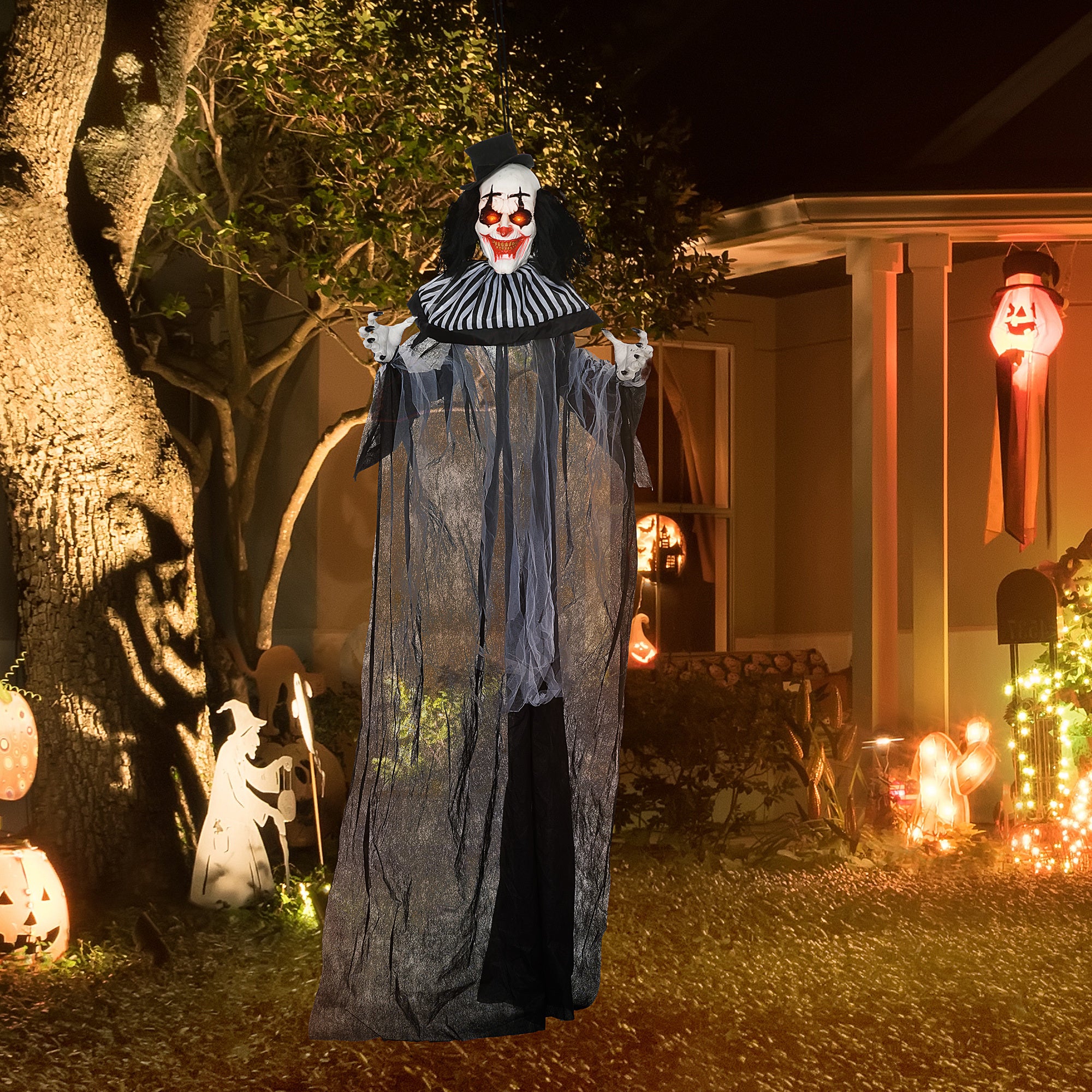 Life Size Outdoor Halloween Decoration, Classic Black and White Striped Clown Animatronic