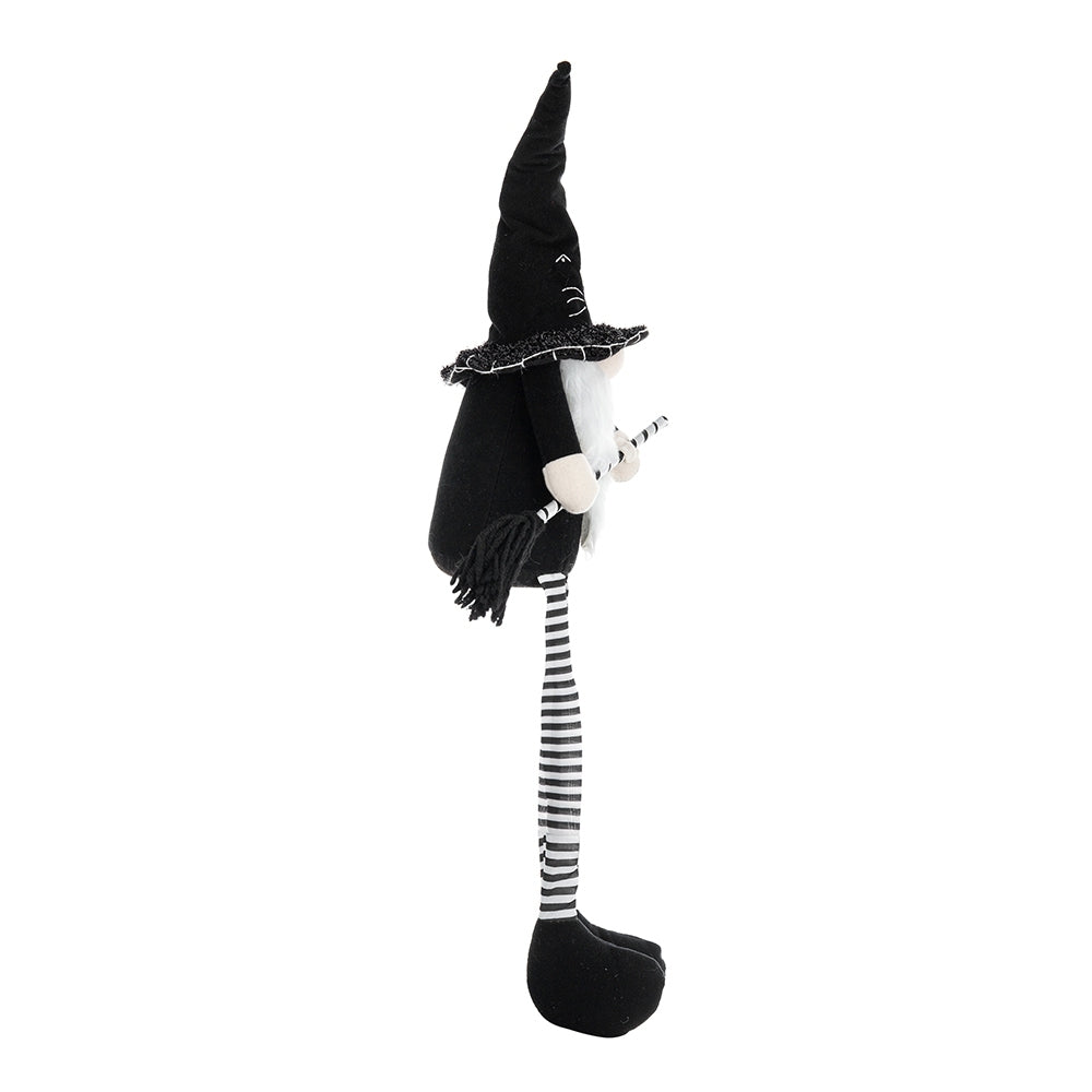 Fabric Sitting Black Gnome With Broomstick&Long Legs, for Halloween Decor