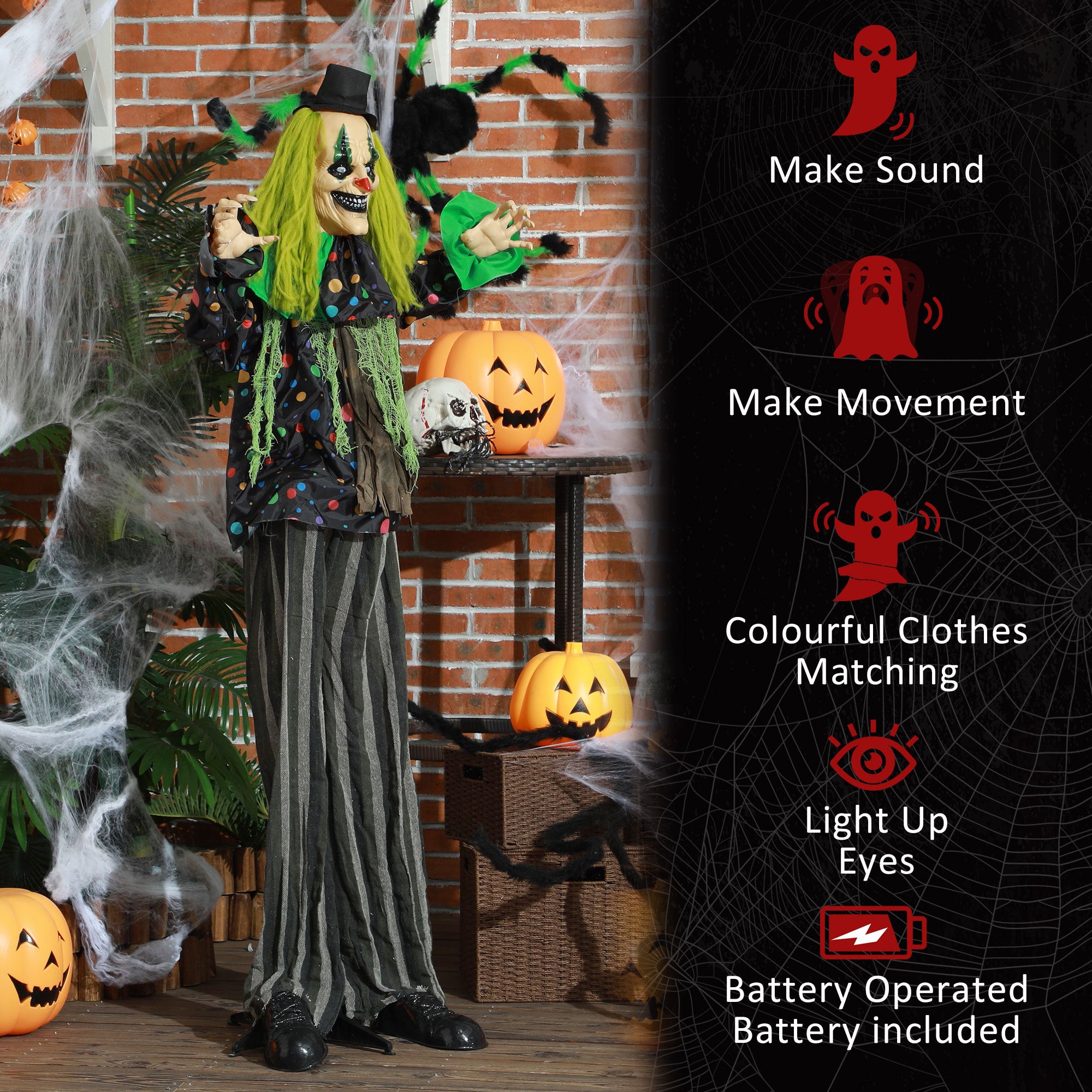 Life Size Outdoor Halloween Decoration, Animatronic Circus Clown Green