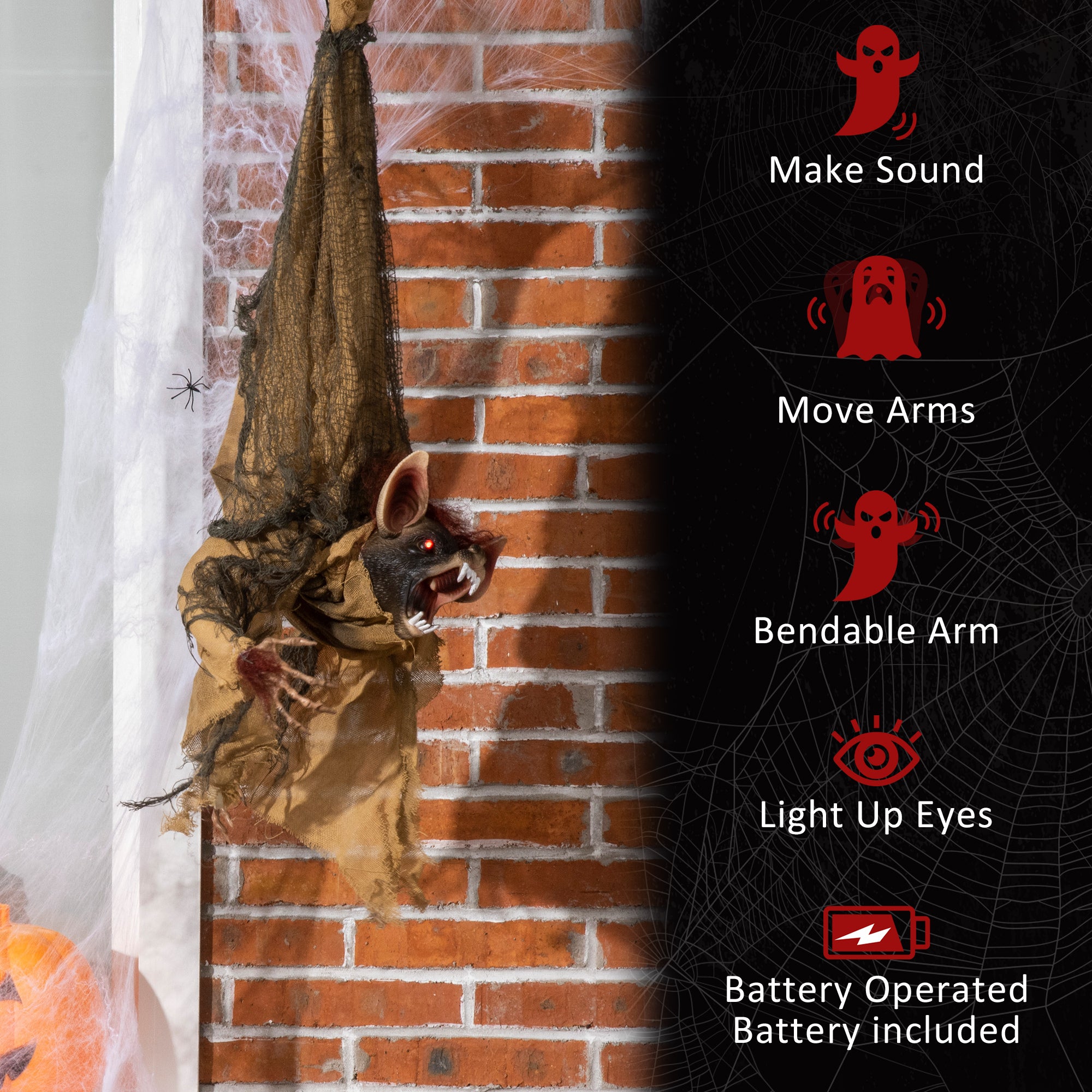 28" Life Size Outdoor Halloween Decorations Hanging Bat Opening Mouth