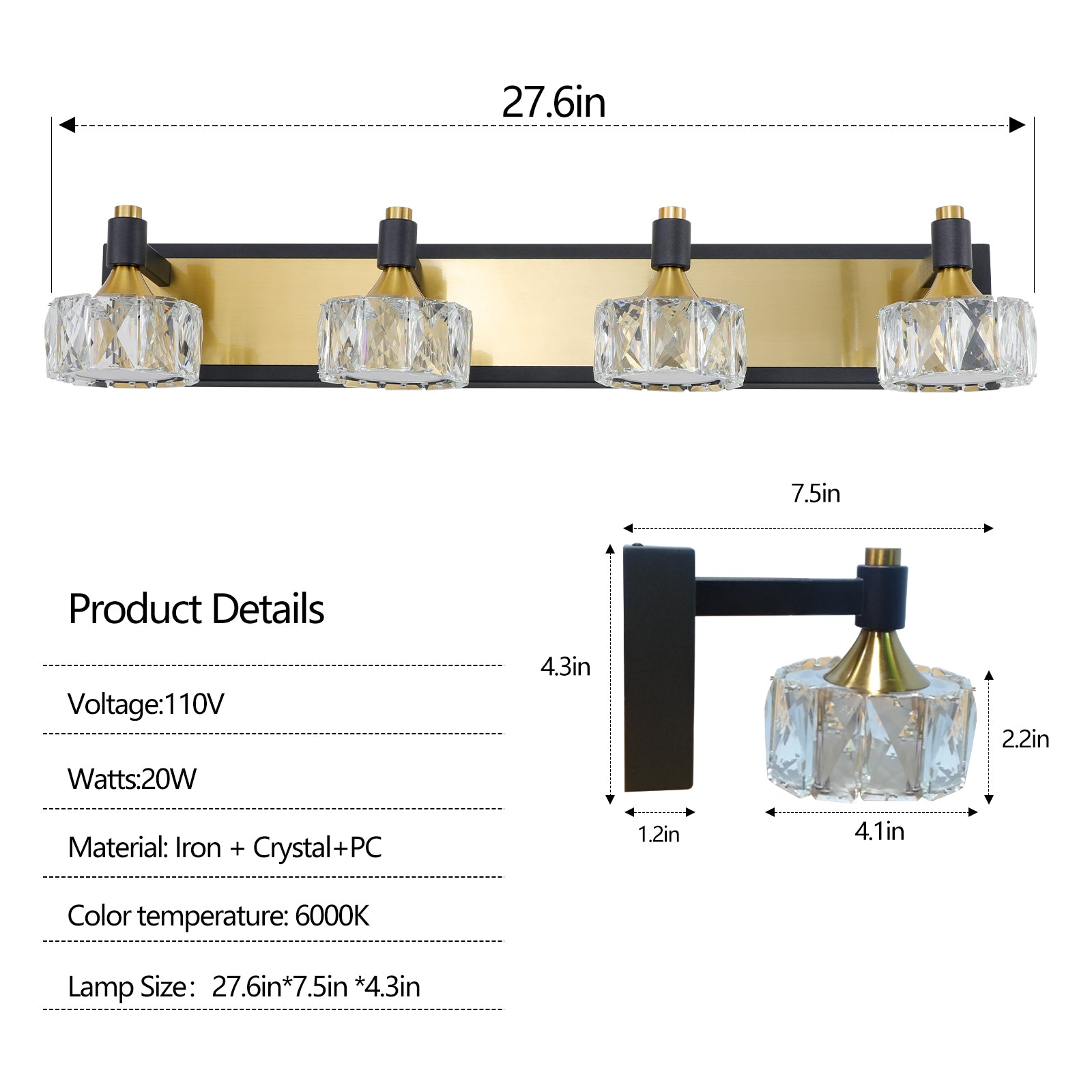 LED 4-Light Modern Crystal Bathroom Vanity Light Over Mirror