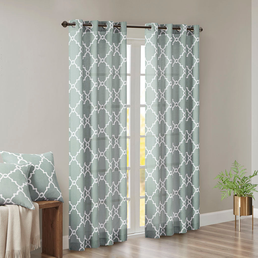 95"Fretwork Print Grommet Top Window Curtain Panel(Only 1 Pc Panel Seafoam+White)