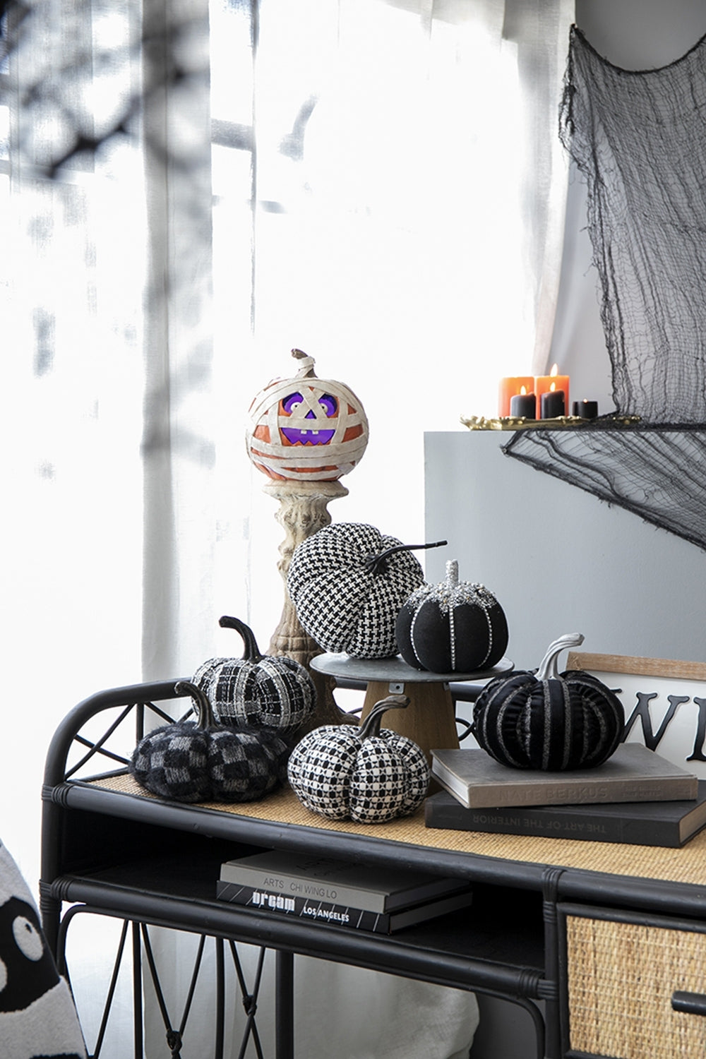 Fabric Light Black White Plaid Pumpkin, for Holiday Halloween Decor