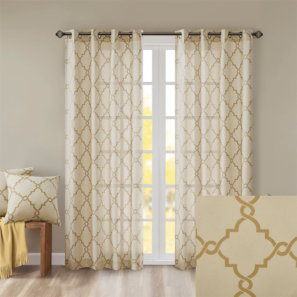 Fretwork Print Grommet Top Window Curtain Panel(Only 1 Pc Panel Beige+Gold)