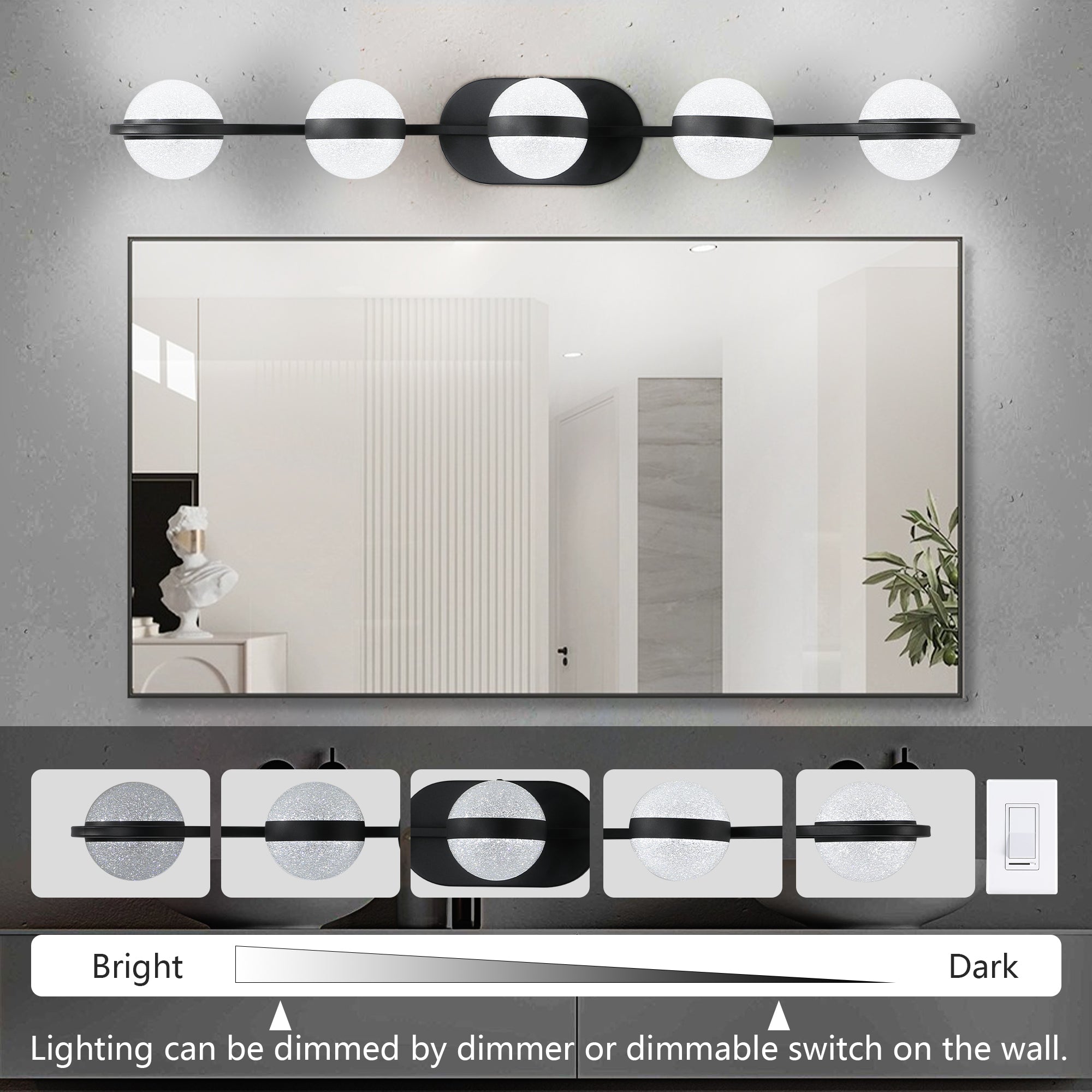 Modern Minimalist Bathroom Vanity Light, LED 5 Bulb Frosted Glass Shades(Black)