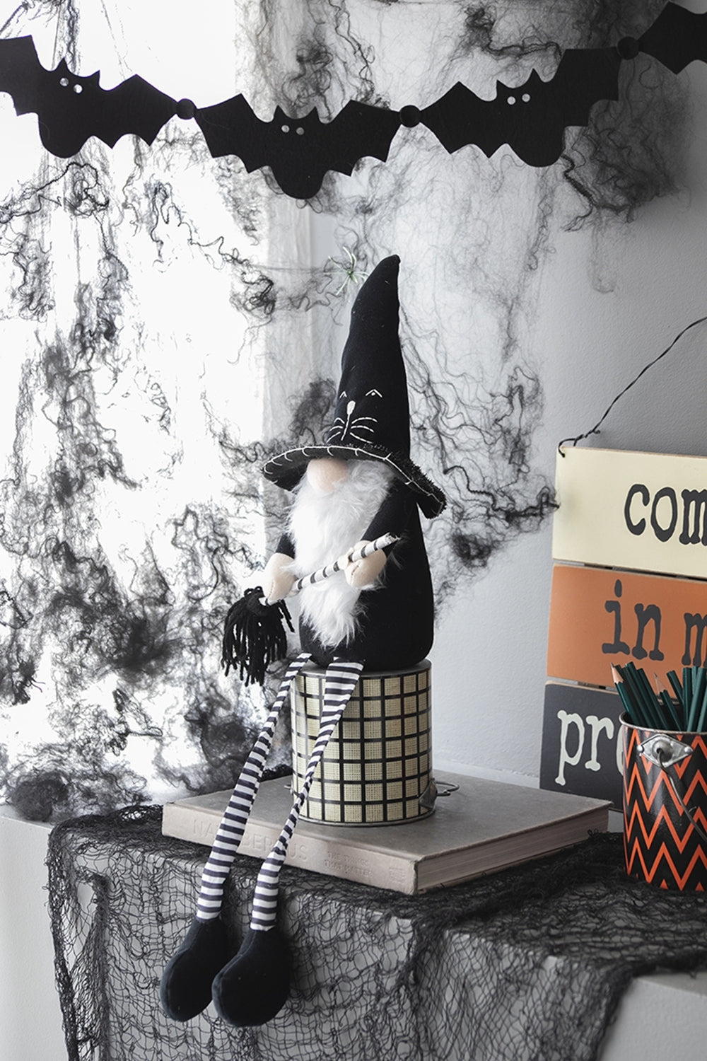 Fabric Sitting Black Gnome With Broomstick&Long Legs, for Halloween Decor