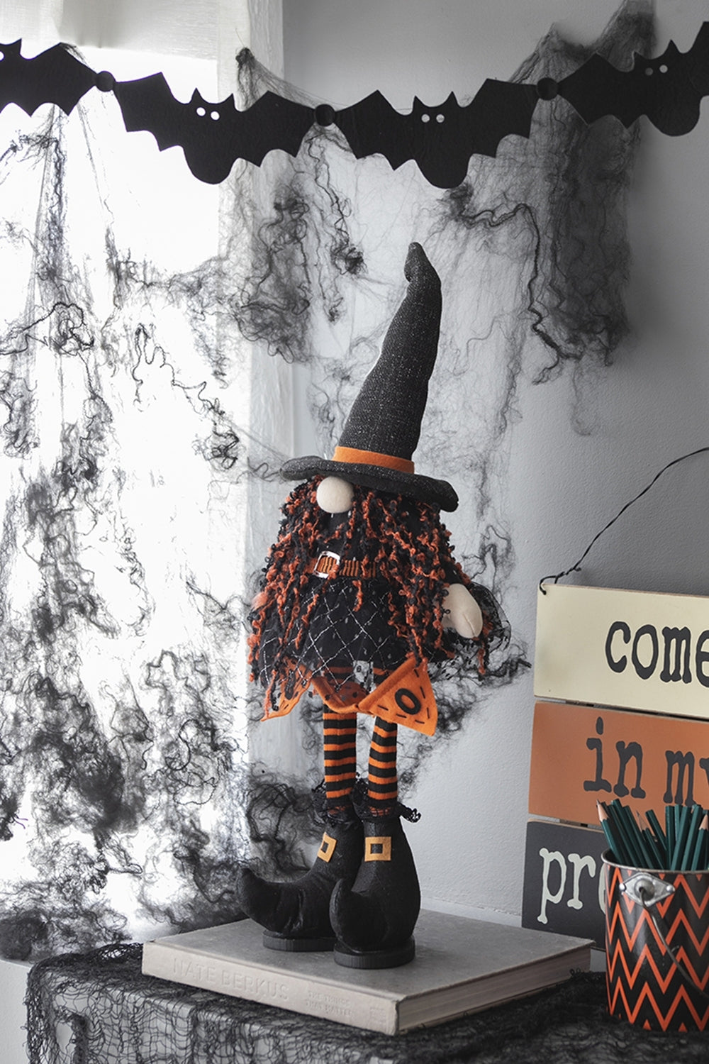 Fabric Standing Gnome W/Orange Banner & Spring Body, for Halloween Decor