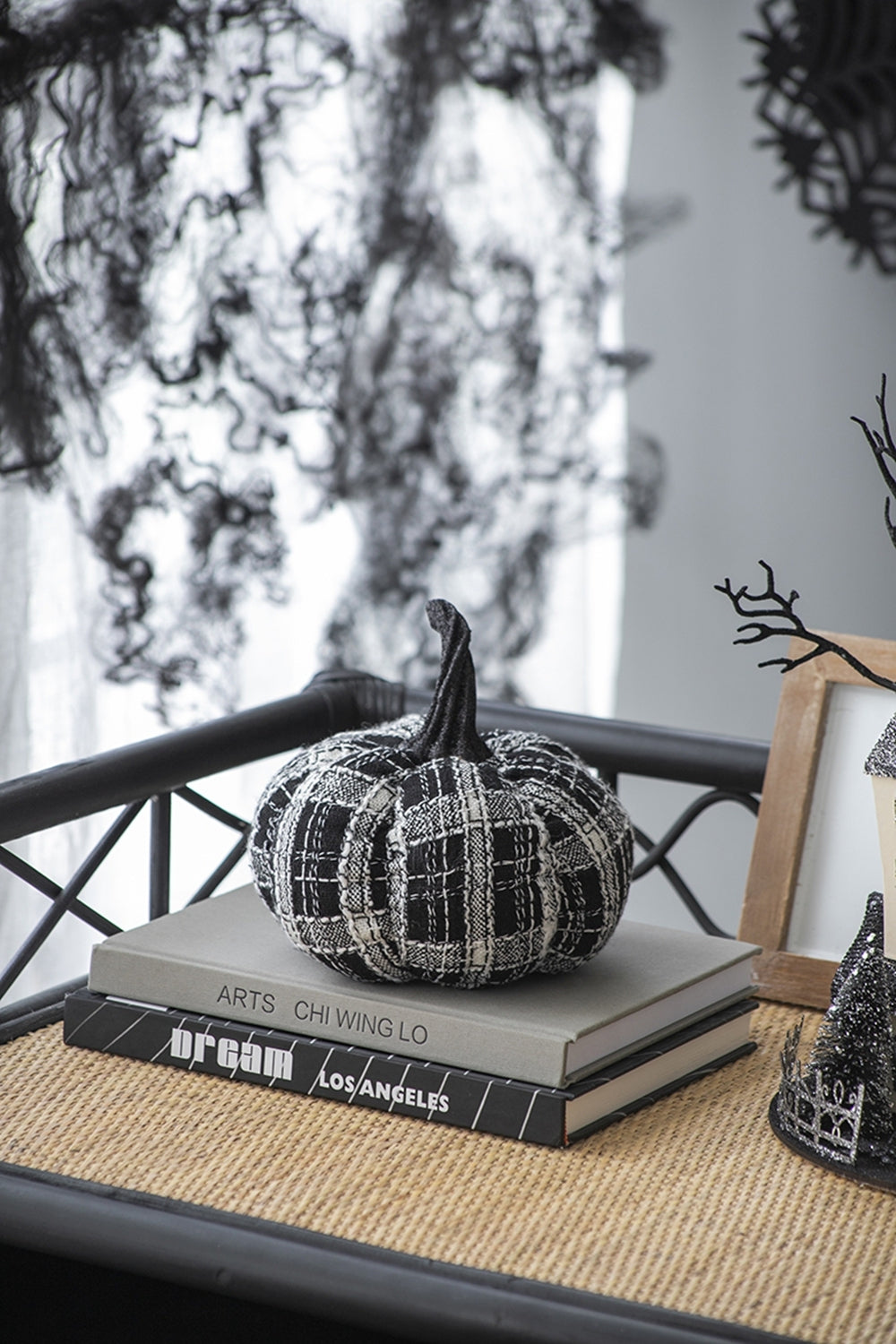 Fabric Light Black White Plaid Pumpkin, for Holiday Halloween Decor