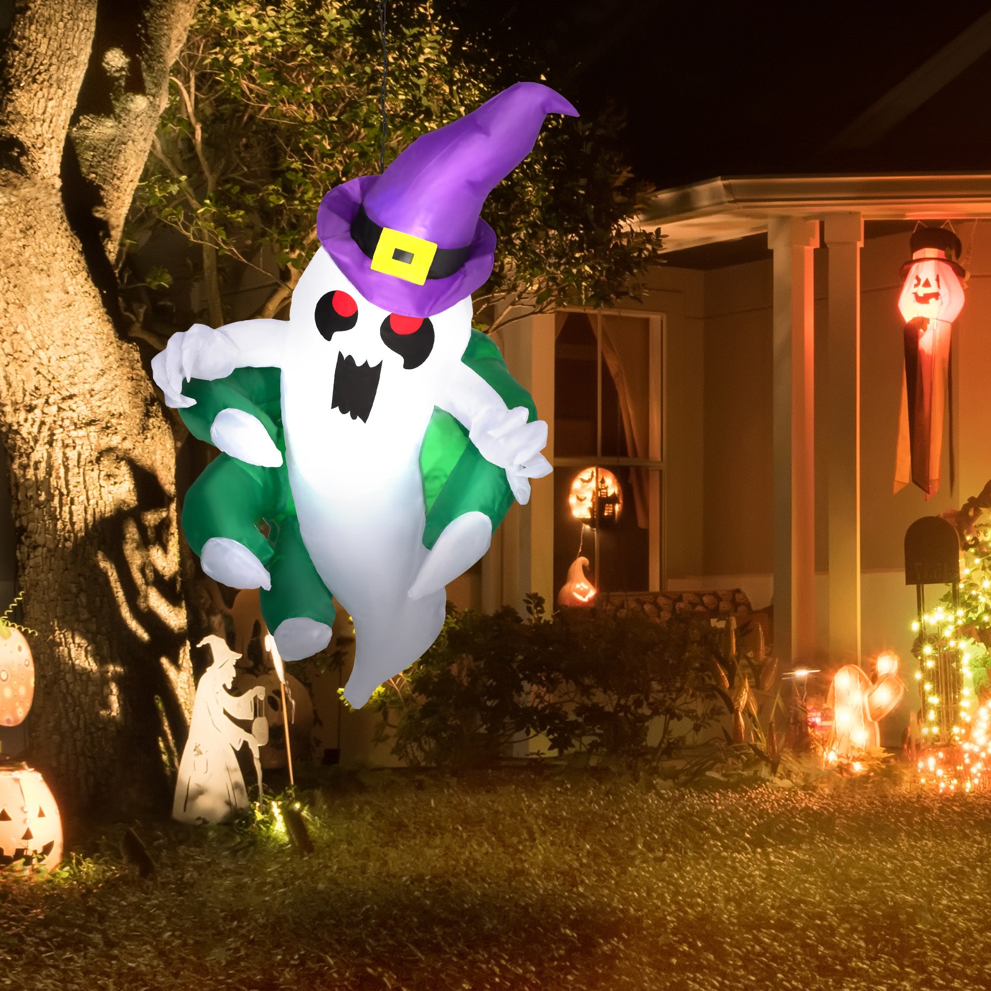 4ft Inflatable Halloween Decoration, Lighted Window Sticker Ghost in Hat