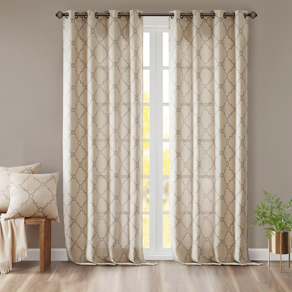 Fretwork Print Grommet Top Window Curtain Panel(Only 1 Pc Panel Beige+Grey)