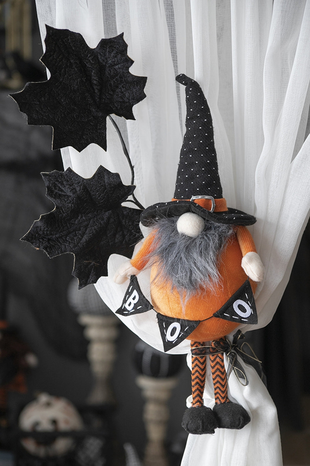 Fabric Standing Orange Gnome W/Black Gnome & Holding Banner, for Halloween Decor