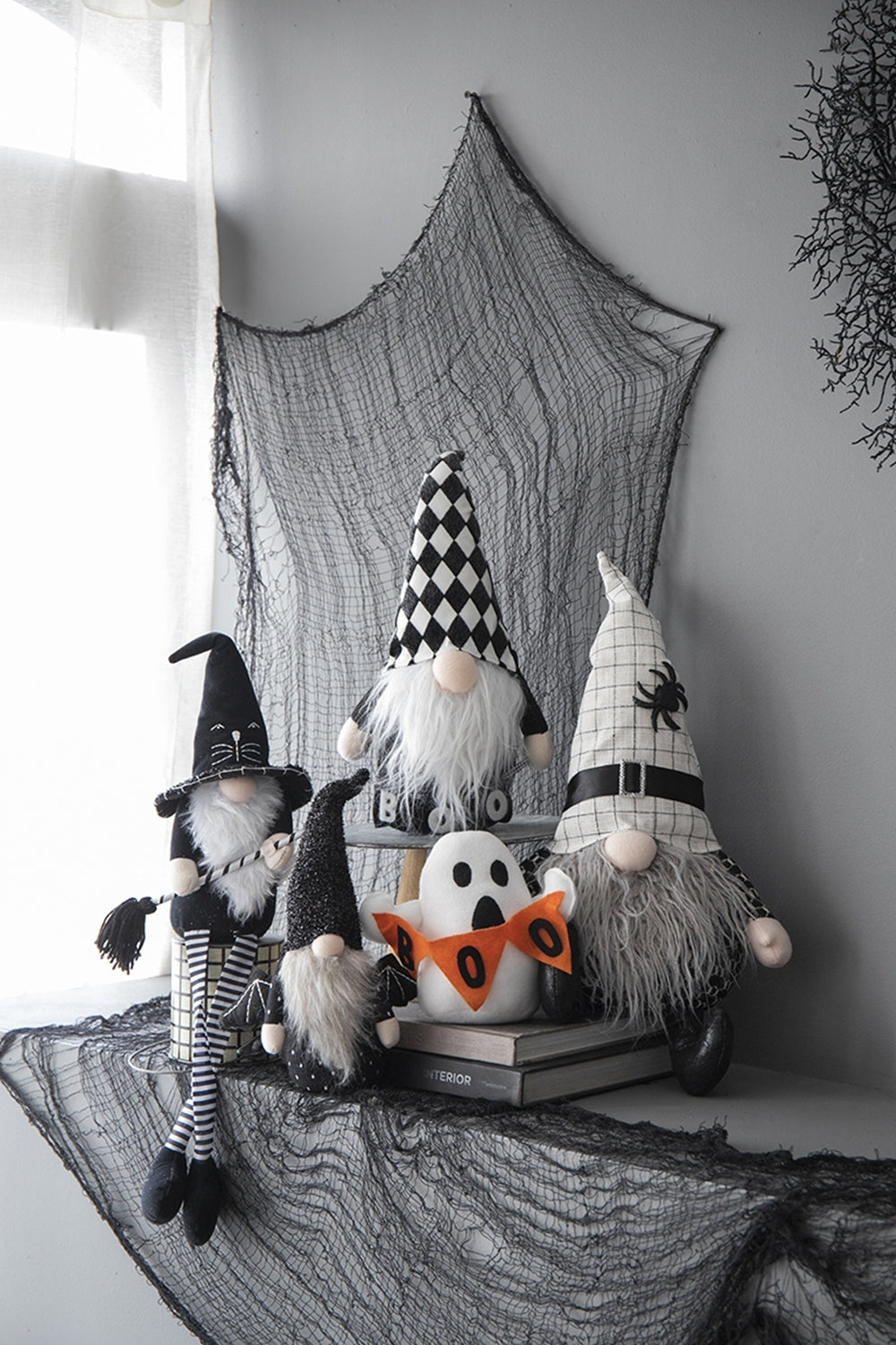 Fabric Sitting Black Gnome With Broomstick&Long Legs, for Halloween Decor