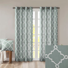 Fretwork Print Grommet Top Window Curtain Panel(Only 1 Pc Panel Seafoam+White)