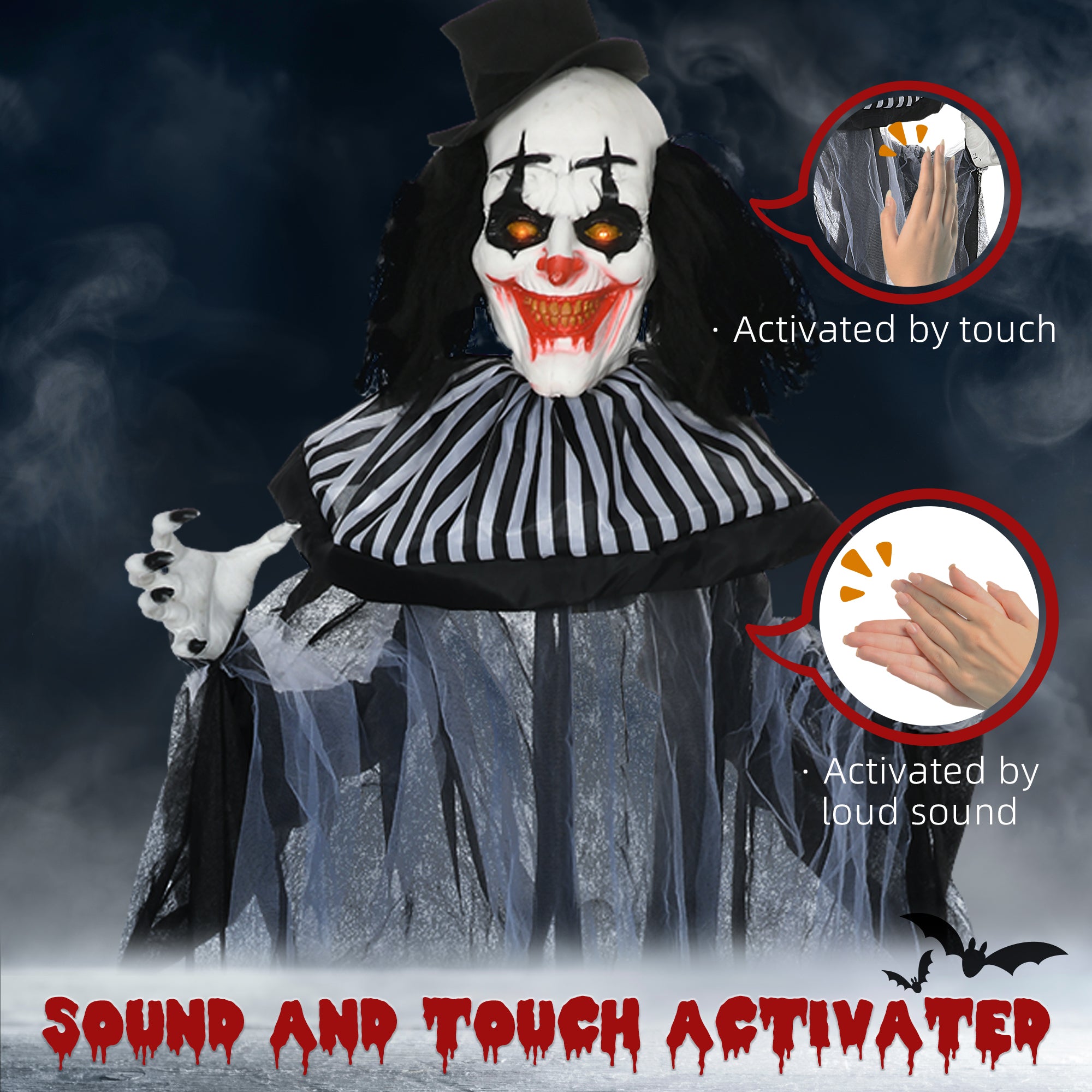 Life Size Outdoor Halloween Decoration, Classic Black and White Striped Clown Animatronic