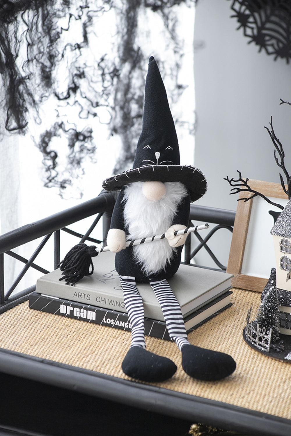 Fabric Sitting Black Gnome With Broomstick&Long Legs, for Halloween Decor