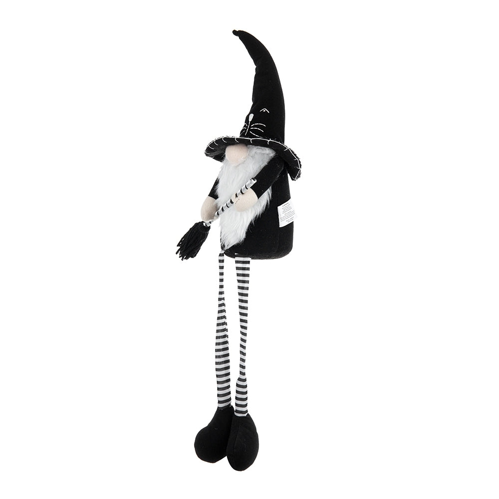 Fabric Sitting Black Gnome With Broomstick&Long Legs, for Halloween Decor