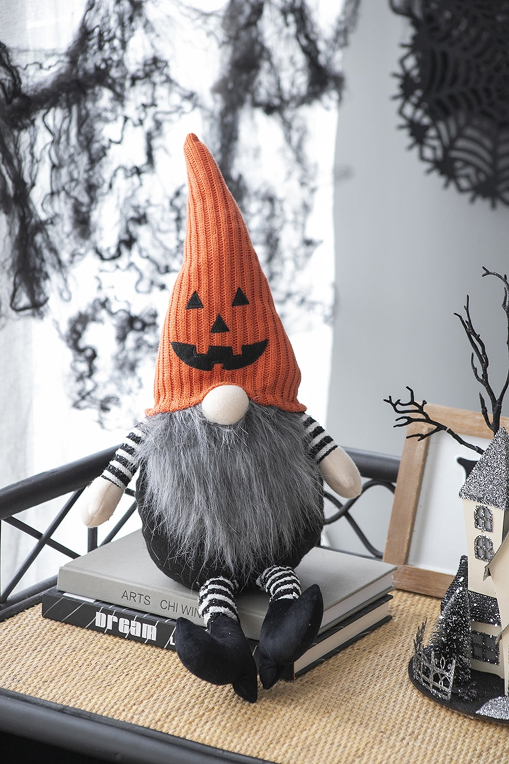 Fabric Sitting Gnome with Orange Knit Hat, for Halloween Decor