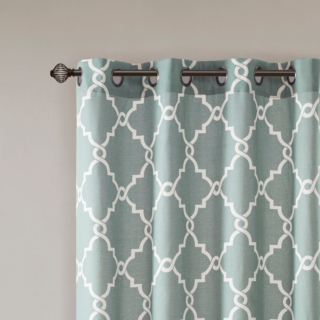 Fretwork Print Grommet Top Window Curtain Panel(Only 1 Pc Panel Seafoam+White)