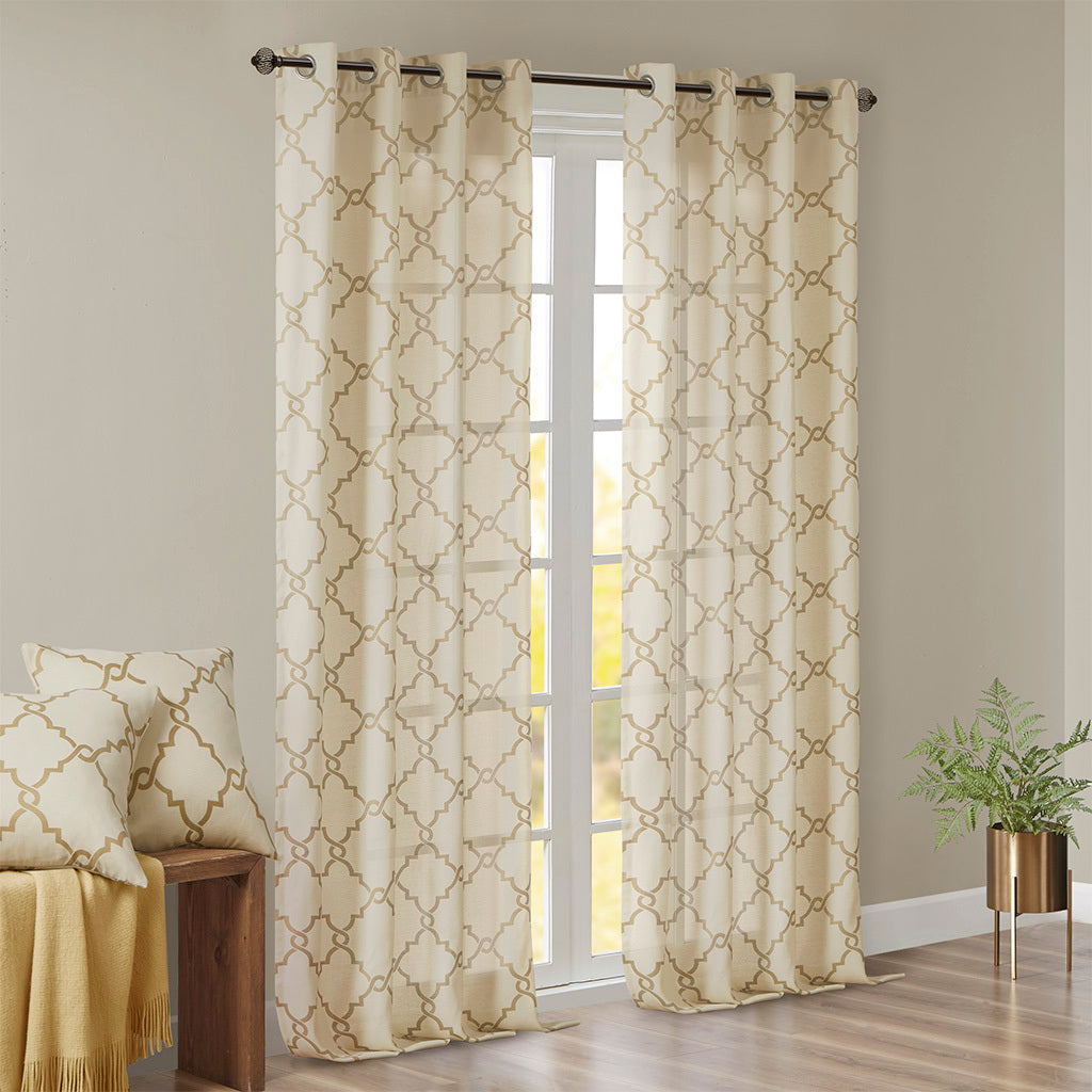 Fretwork Print Grommet Top Window Curtain Panel(Only 1 Pc Panel Beige+Gold)