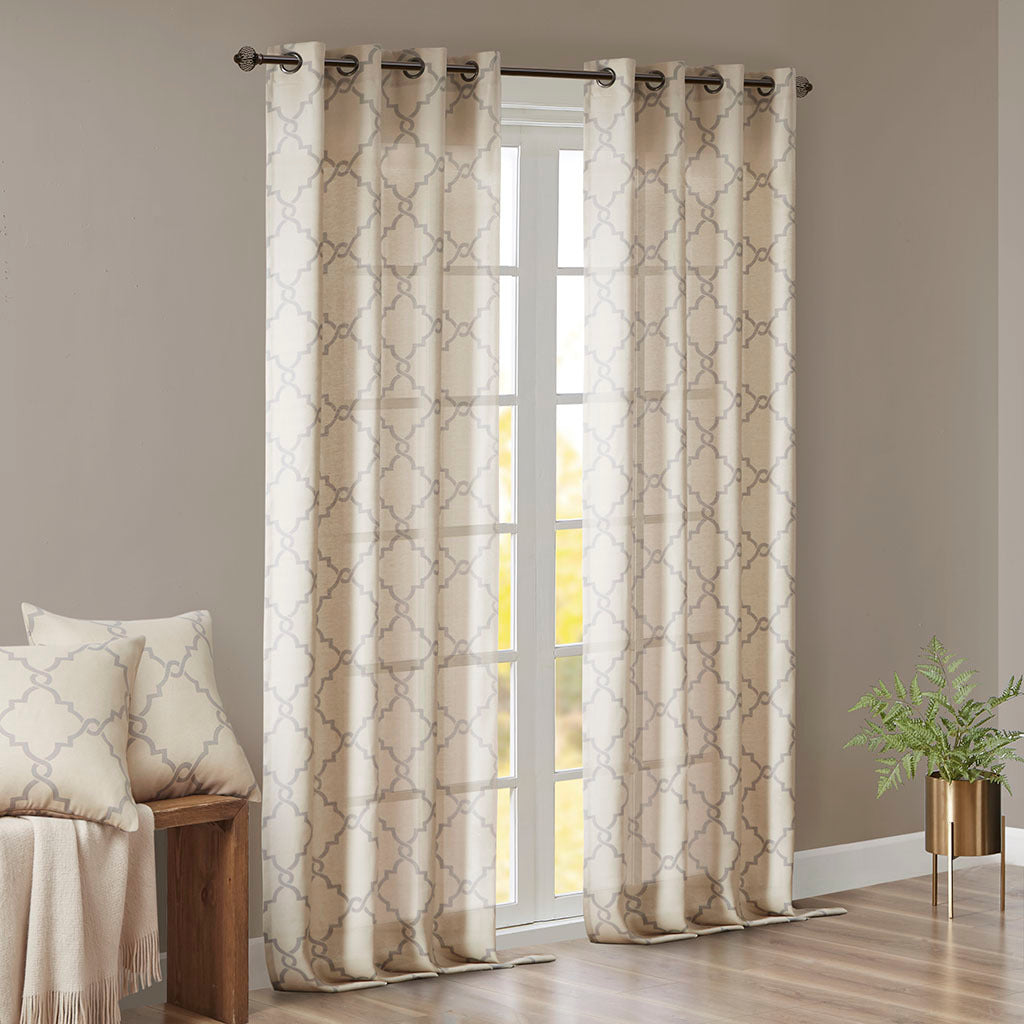 Fretwork Print Grommet Top Window Curtain Panel(Only 1 Pc Panel Beige+Grey)