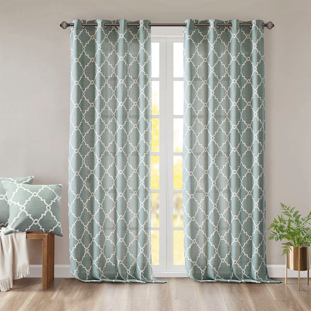 95"Fretwork Print Grommet Top Window Curtain Panel(Only 1 Pc Panel Seafoam+White)