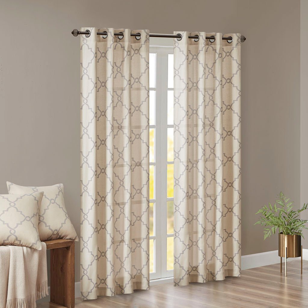 Fretwork Print Grommet Top Window Curtain Panel(Only 1 Pc Panel Beige+Grey)