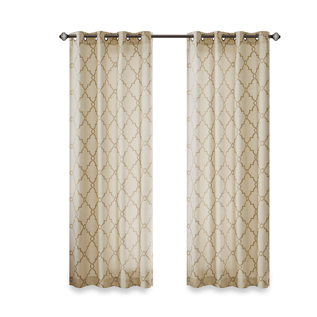 Fretwork Print Grommet Top Window Curtain Panel(Only 1 Pc Panel Beige+Gold)